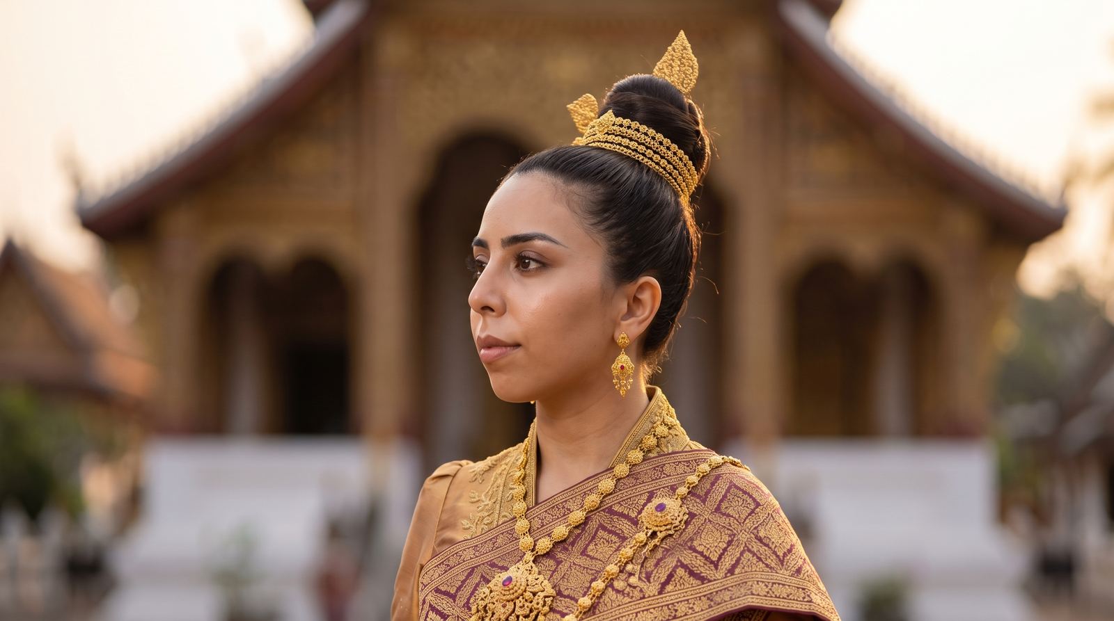Miss HR in traditional dress before a temple