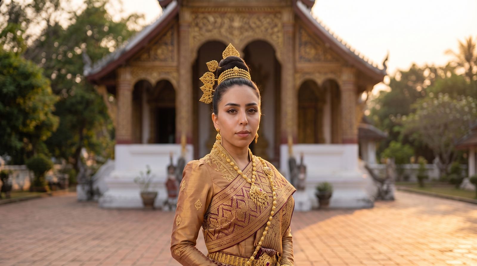 Cinematic portrait before ornate architecture